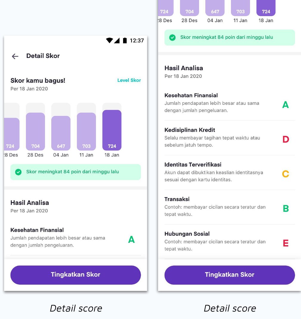 Score detail with six-month history, weekly change, sub-score grades and a sticky Tingkatkan Skor button
