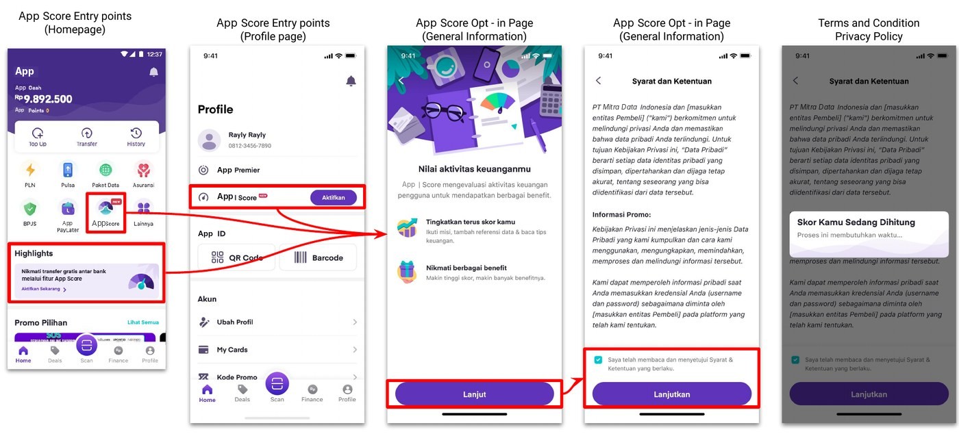 New opt-in flow from home and profile entry points to a general information page and full terms and conditions with a checkbox
