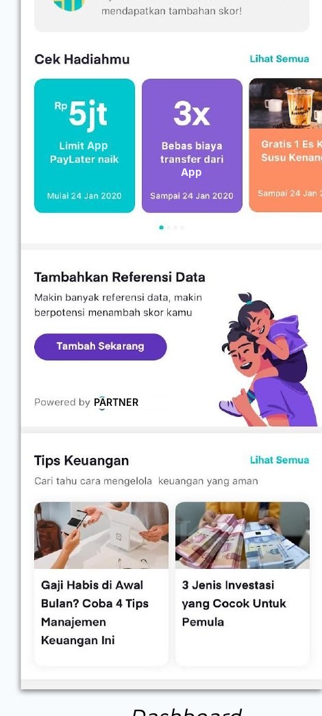 Dashboard with Tambahkan Referensi Data and Tips Keuangan sections