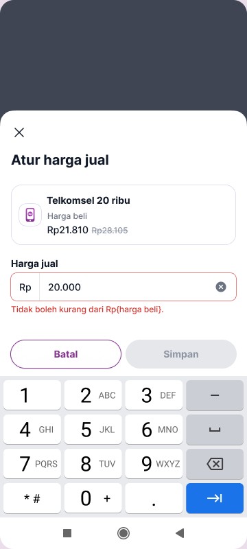 Atur harga jual sheet showing an error that the price is lower than the purchase price