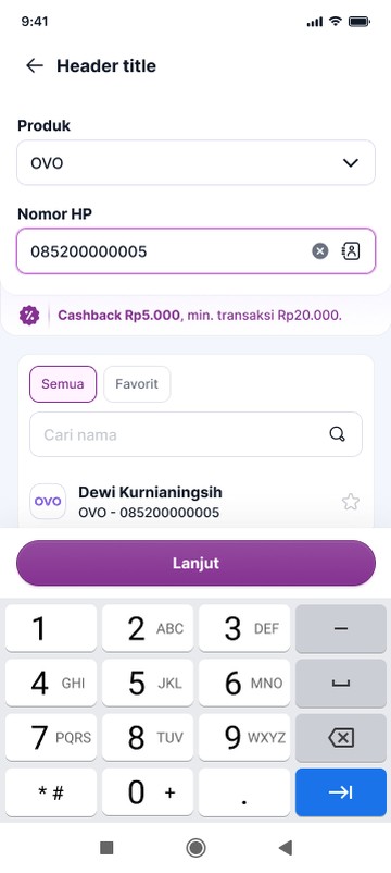 Phone number entered with the Lanjut button active