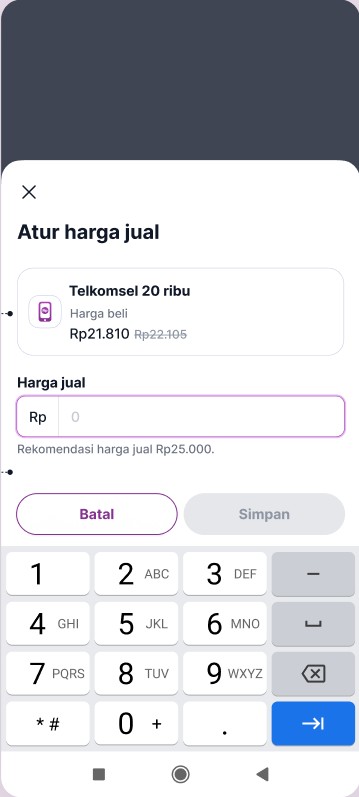 Atur harga jual sheet with product preview and a recommended selling price