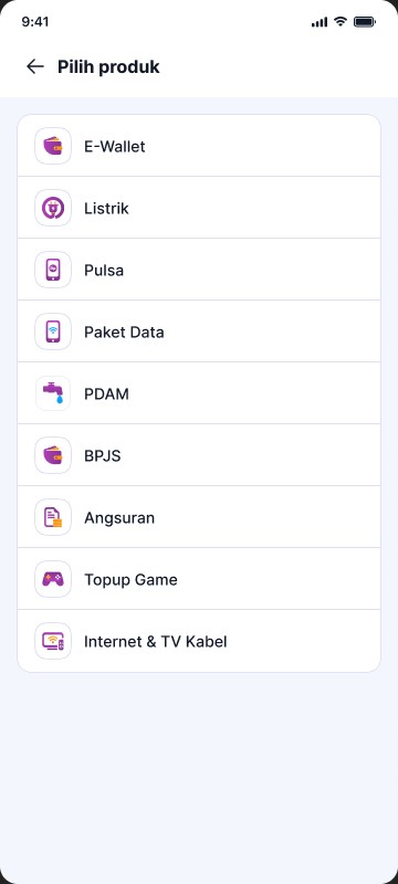 Product picker listing all PPOB products