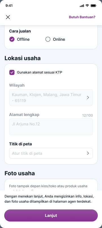 Form with Gunakan alamat sesuai KTP checked, area and full address filled from the KTP