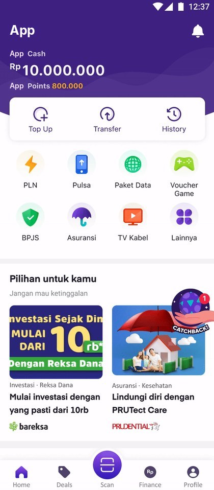 Home screen with the animated game icon and a red badge above the banners